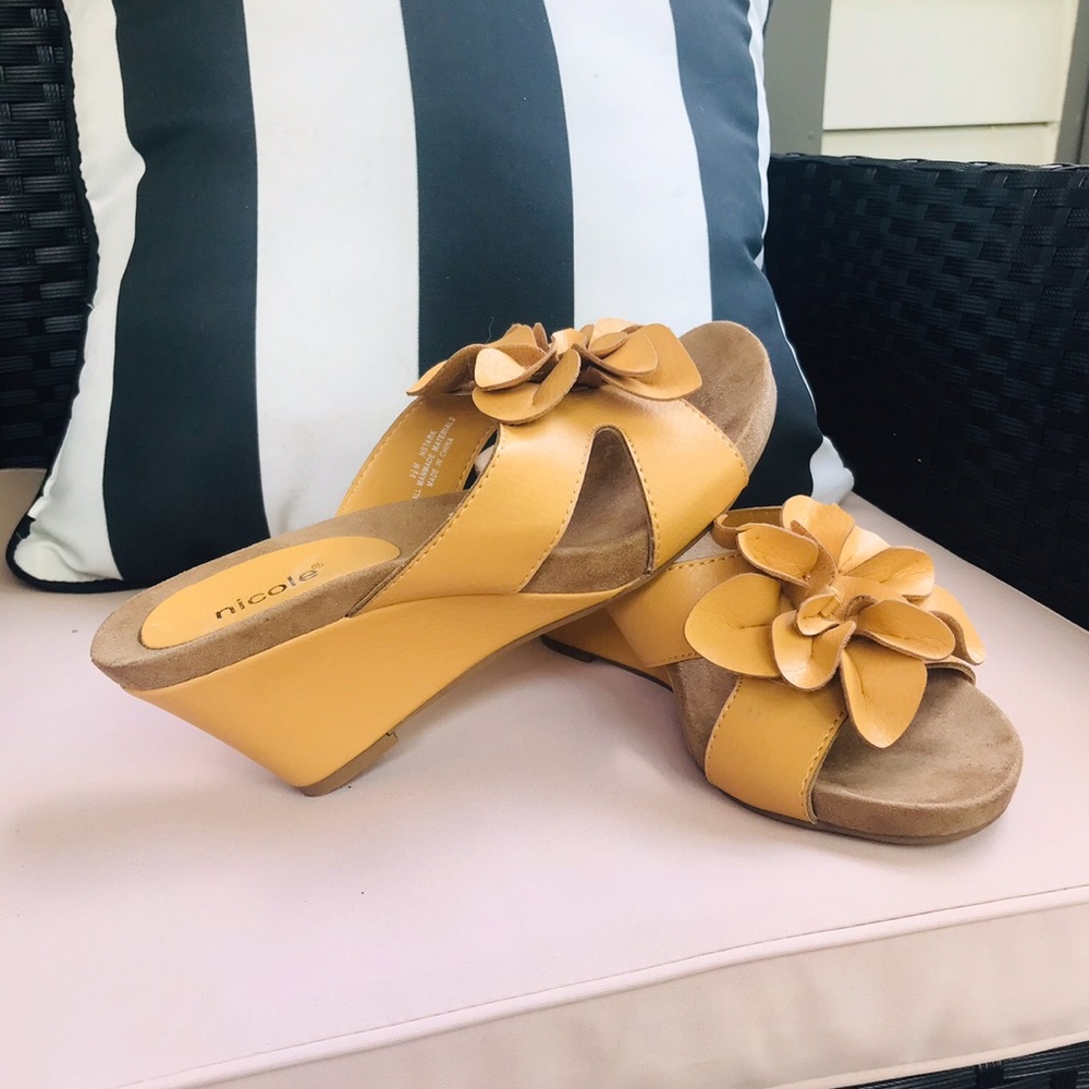 Nicole Mustard Floral Leather Wedge Sandals - Picture 10 of 11